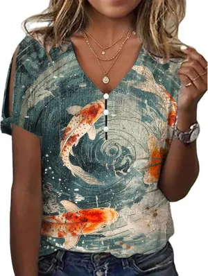 Japanese Art Tops for Women Wave Print Short Sleeve V Neck Cold Shoulder Casual 2025 Summer Trendy Ladies Tee Shirt