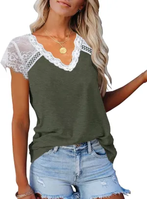 KINLONSAIR Women's Crochet Lace Basic V-Neck T-Shirts Short Sleeve Loose Fitting Tunic Tank Tops