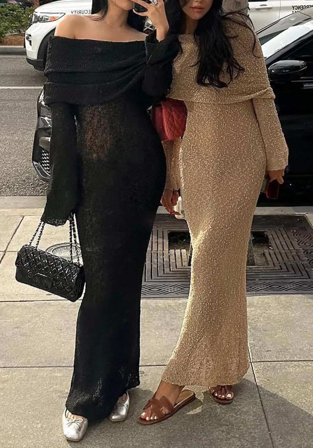 LETSVDO Women's Off Shoulder Maxi Dress Long Sleeve Bodycon Knit Crochet Mesh Sweater Sexy Vacation Party Dresses
