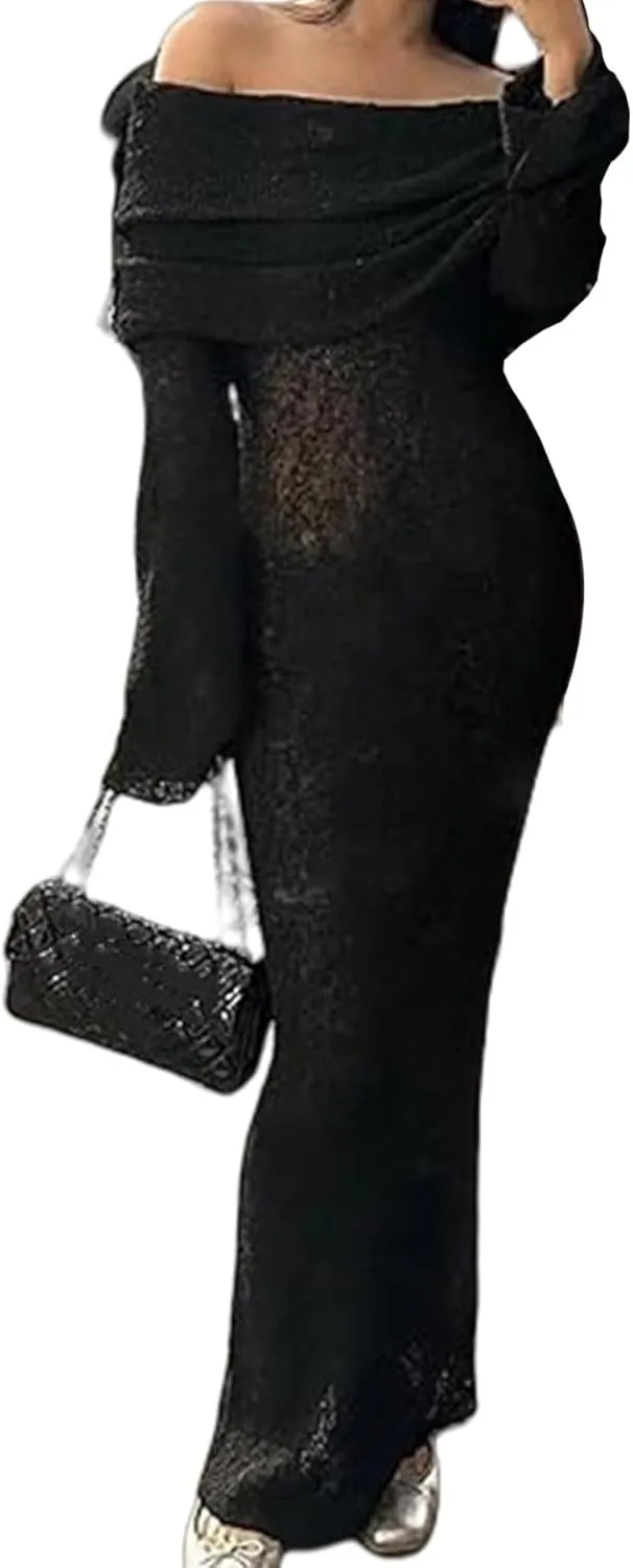 LETSVDO Women's Off Shoulder Maxi Dress Long Sleeve Bodycon Knit Crochet Mesh Sweater Sexy Vacation Party Dresses
