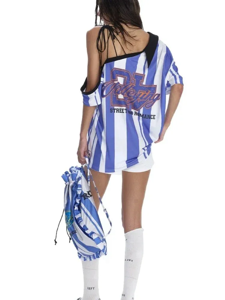 LVSANW American Retro Striped T-shirt for Women Fashionable Street Slanted Shoulder Oversized T-Shirt Harajuku Millennium Y2k T-shirt