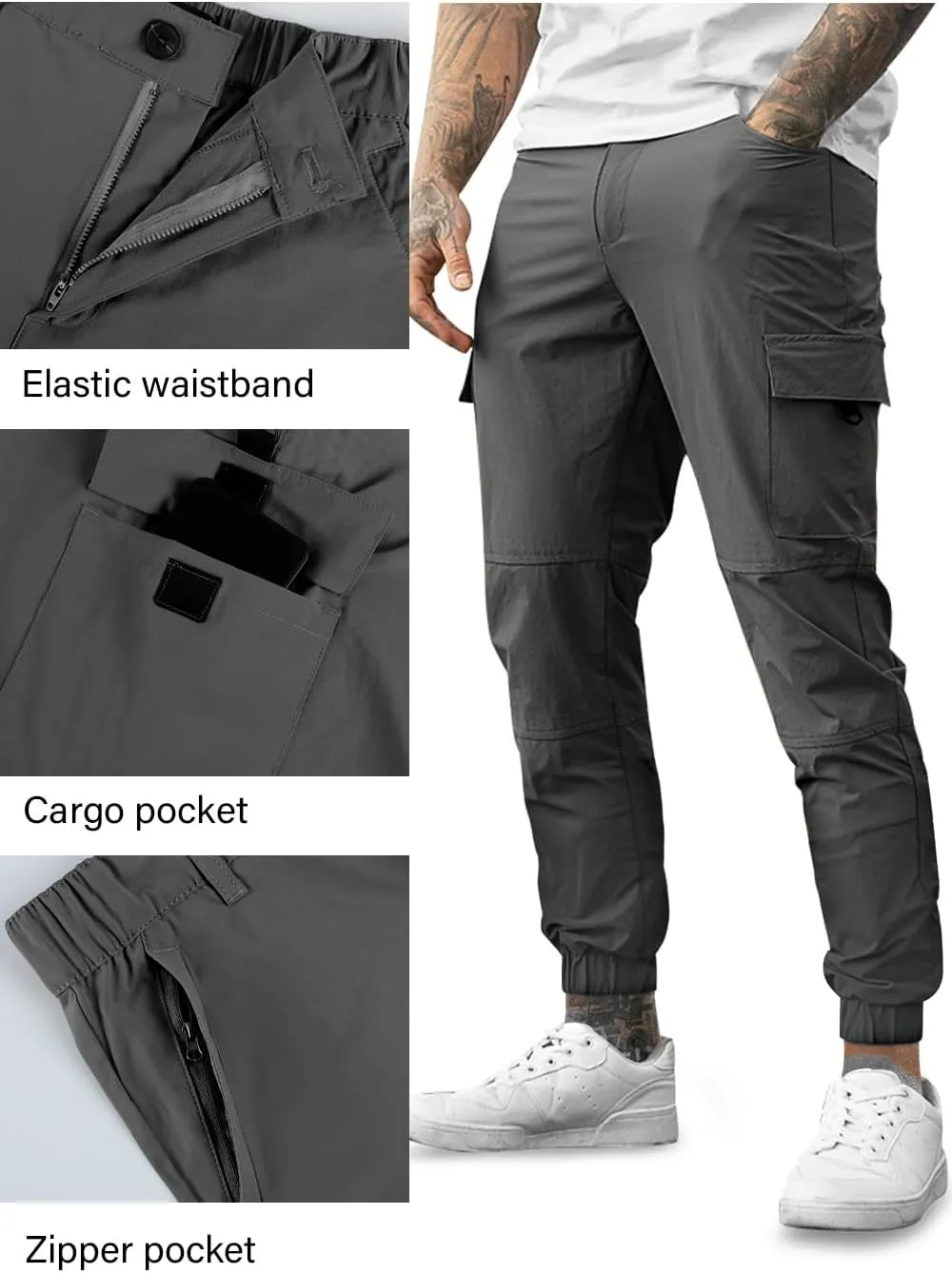 Mens Cargo Joggers Quick Dry Zipper Pockets Slim Fit 4 Way Stretch Elastic Waist Hiking Pants Lightweight