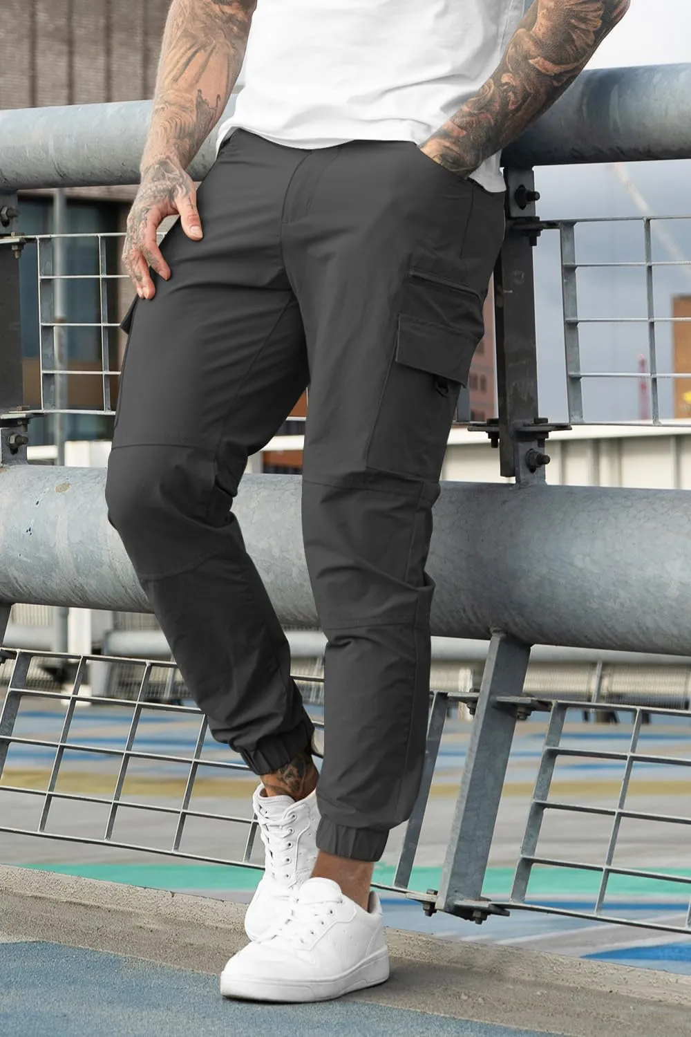 Mens Cargo Joggers Quick Dry Zipper Pockets Slim Fit 4 Way Stretch Elastic Waist Hiking Pants Lightweight