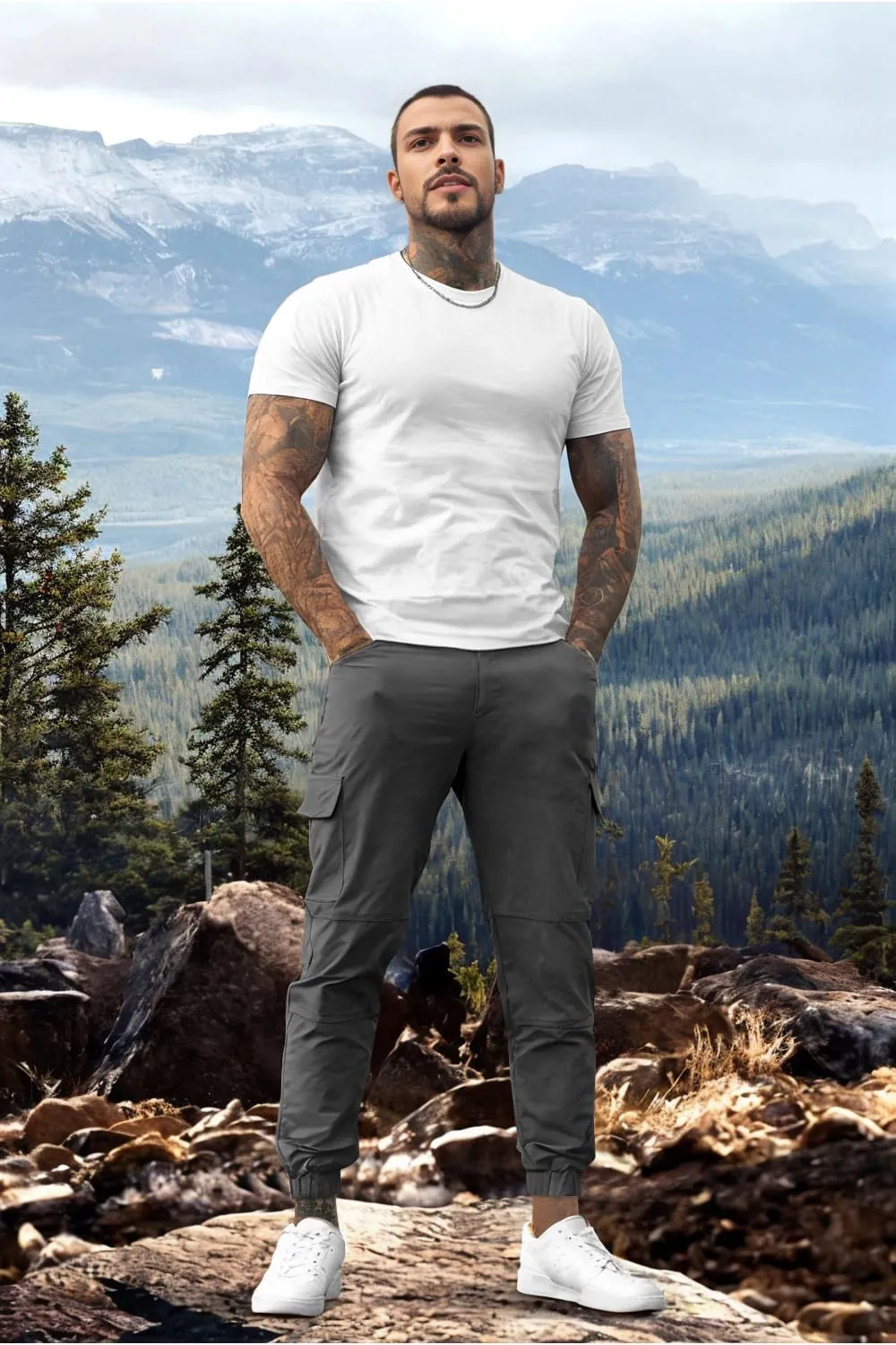 Mens Cargo Joggers Quick Dry Zipper Pockets Slim Fit 4 Way Stretch Elastic Waist Hiking Pants Lightweight