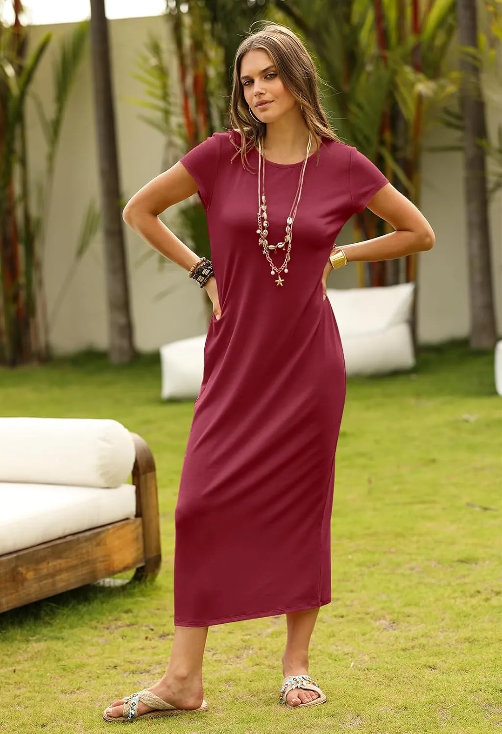 MEROKEETY Women's 2025 Summer Short Sleeve Tshirt Dress Casual Crew Neck Beach Long Maxi Dresses