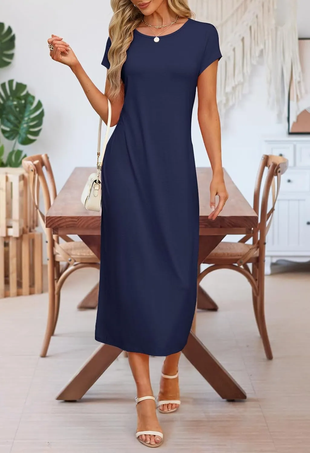 MEROKEETY Women's 2025 Summer Short Sleeve Tshirt Dress Casual Crew Neck Beach Long Maxi Dresses