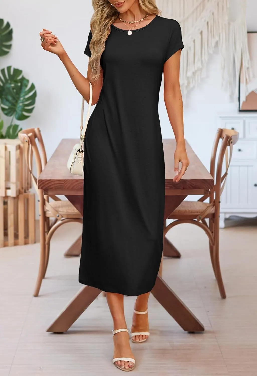 MEROKEETY Women's 2025 Summer Short Sleeve Tshirt Dress Casual Crew Neck Beach Long Maxi Dresses