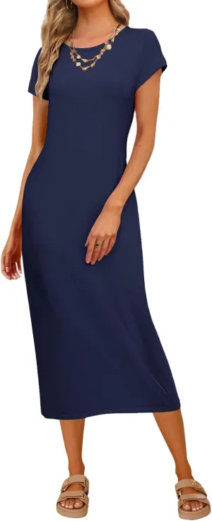 MEROKEETY Women's 2025 Summer Short Sleeve Tshirt Dress Casual Crew Neck Beach Long Maxi Dresses