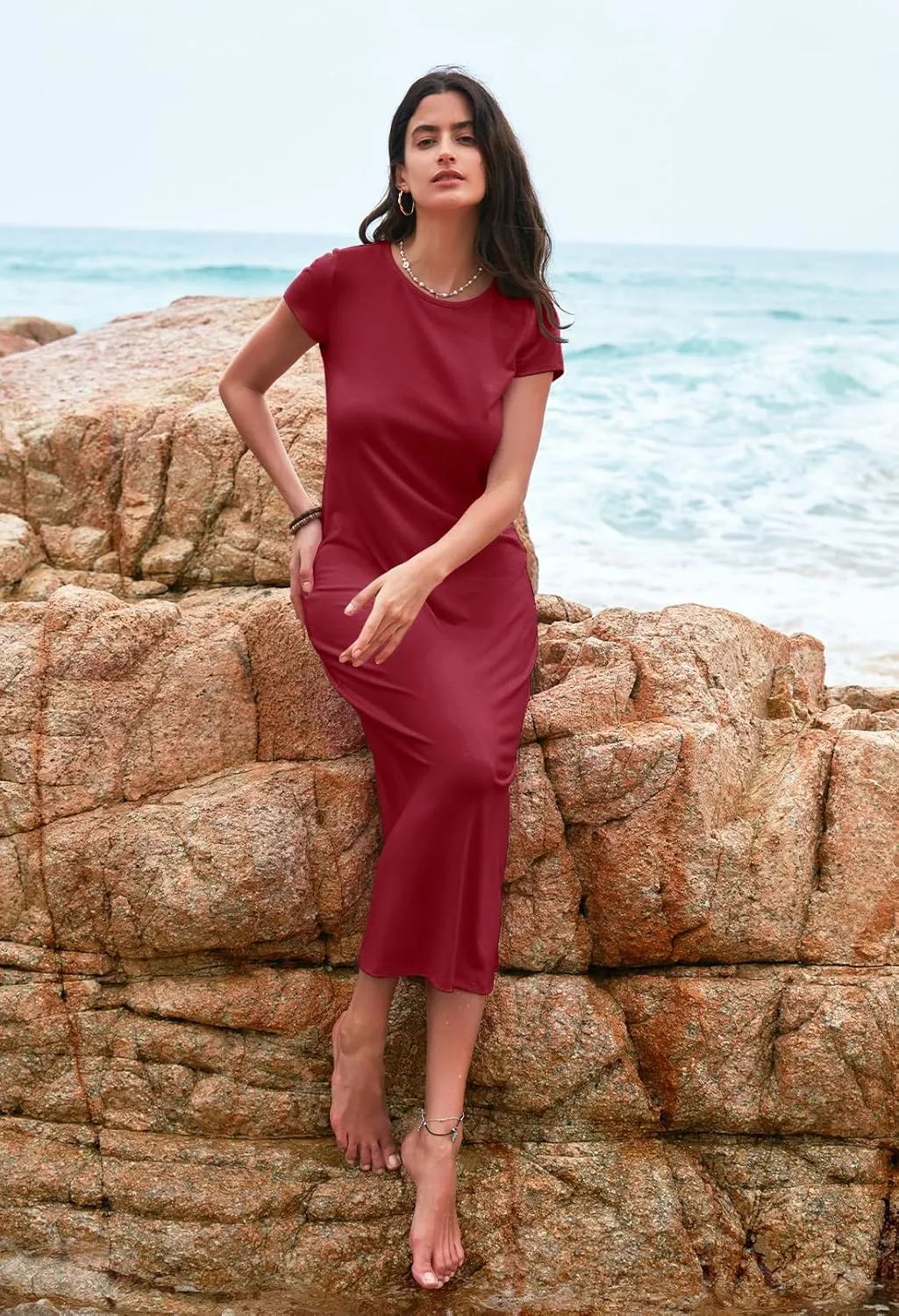 MEROKEETY Women's 2025 Summer Short Sleeve Tshirt Dress Casual Crew Neck Beach Long Maxi Dresses