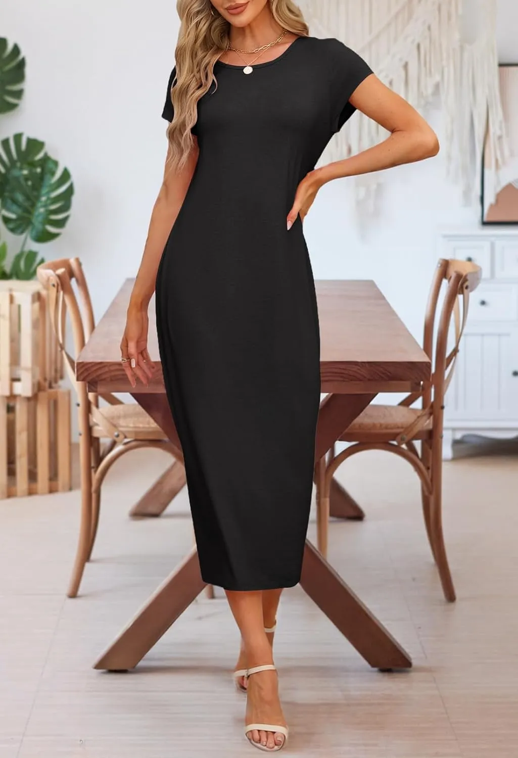 MEROKEETY Women's 2025 Summer Short Sleeve Tshirt Dress Casual Crew Neck Beach Long Maxi Dresses