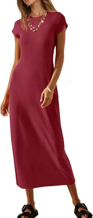 MEROKEETY Women's 2025 Summer Short Sleeve Tshirt Dress Casual Crew Neck Beach Long Maxi Dresses