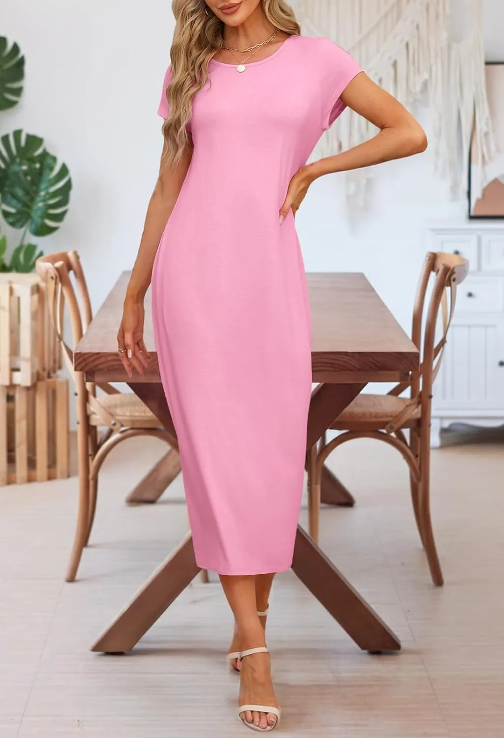 MEROKEETY Women's 2025 Summer Short Sleeve Tshirt Dress Casual Crew Neck Beach Long Maxi Dresses