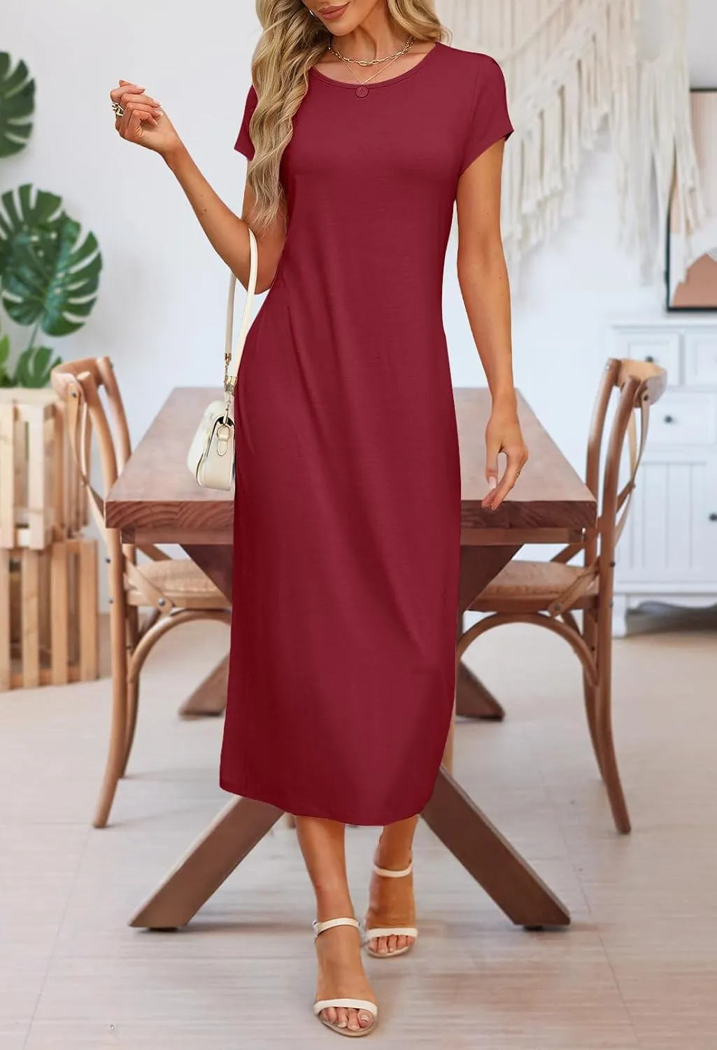 MEROKEETY Women's 2025 Summer Short Sleeve Tshirt Dress Casual Crew Neck Beach Long Maxi Dresses