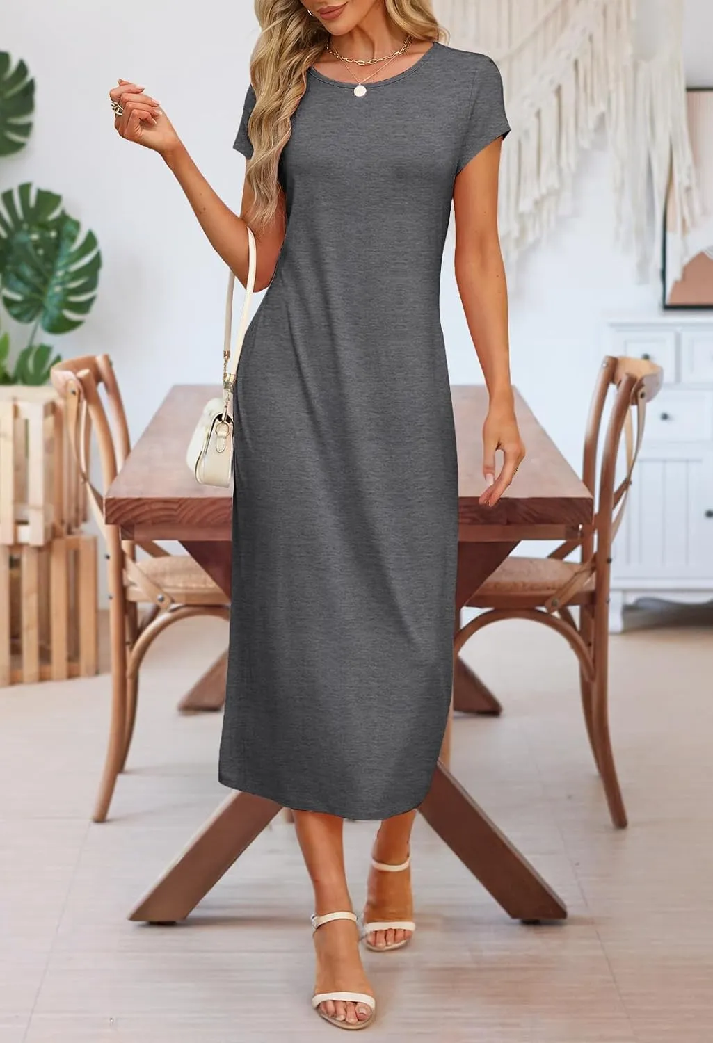 MEROKEETY Women's 2025 Summer Short Sleeve Tshirt Dress Casual Crew Neck Beach Long Maxi Dresses
