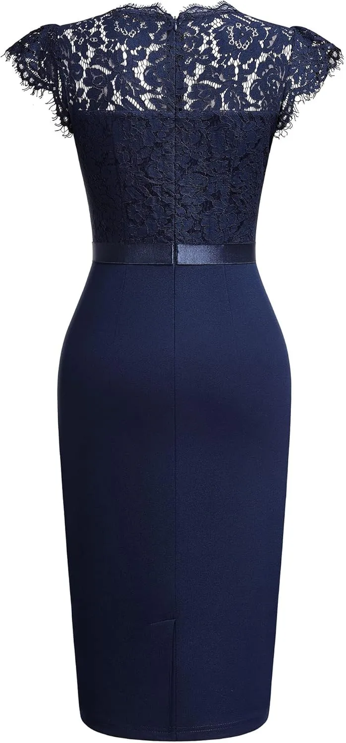 Miusol Women's Elegant Floral Lace Ruffle Design Cap Sleeve Cocktail Party Dress