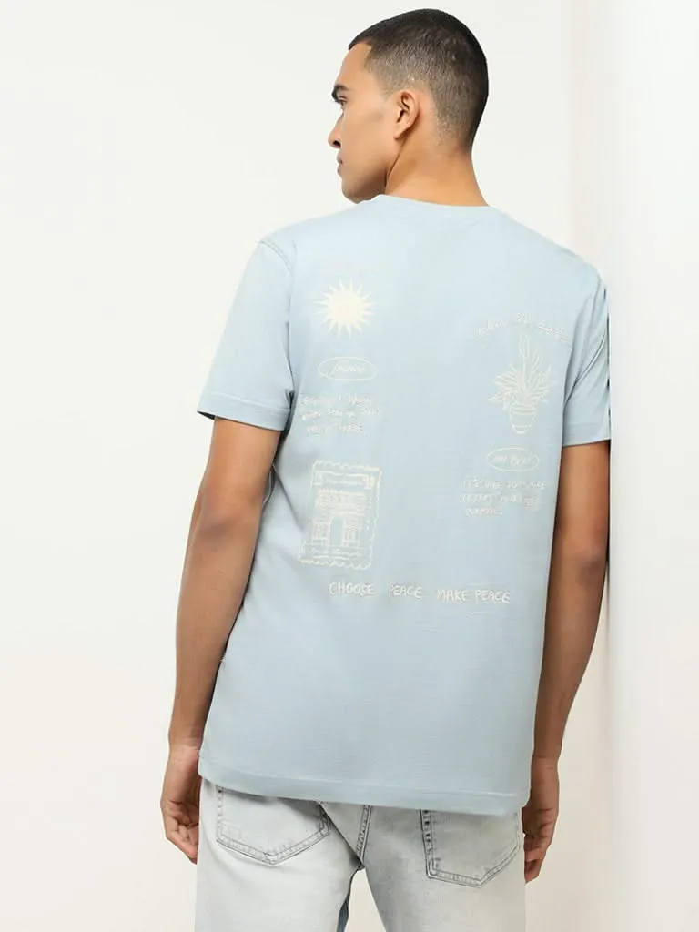 Nuon Blue Printed Cotton Slim Fit T-Shirt