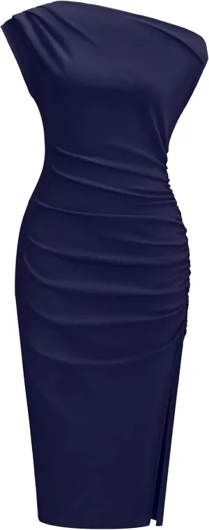OWIN Women's Sexy Elegant Off Shoulder Sleeveless Side Slit Ruched Bodycon Wedding Guest Cocktail Party Midi Dress
