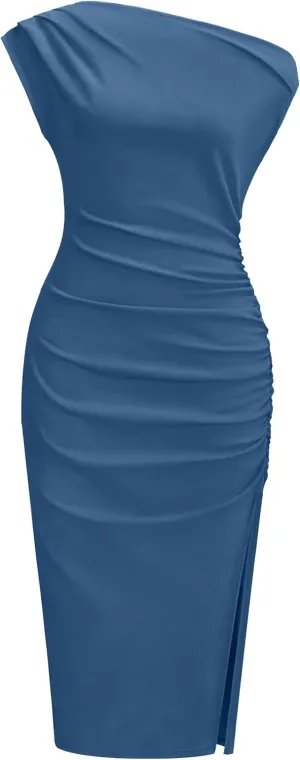 OWIN Women's Sexy Elegant Off Shoulder Sleeveless Side Slit Ruched Bodycon Wedding Guest Cocktail Party Midi Dress