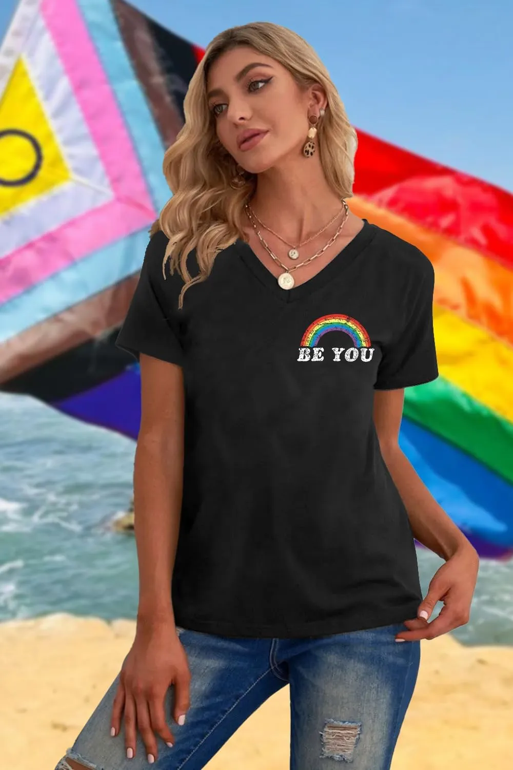 Pride Shirts for Women: Rainbow Graphic T-Shirts LGBT Equality Gay Pride Tees Casual V Neck Short Sleeve Tops