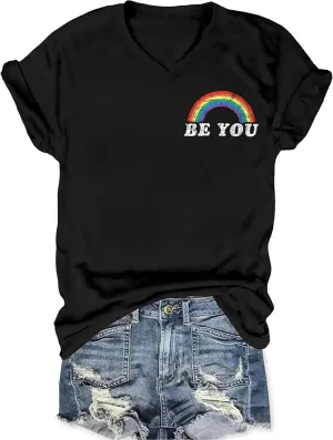 Pride Shirts for Women: Rainbow Graphic T-Shirts LGBT Equality Gay Pride Tees Casual V Neck Short Sleeve Tops