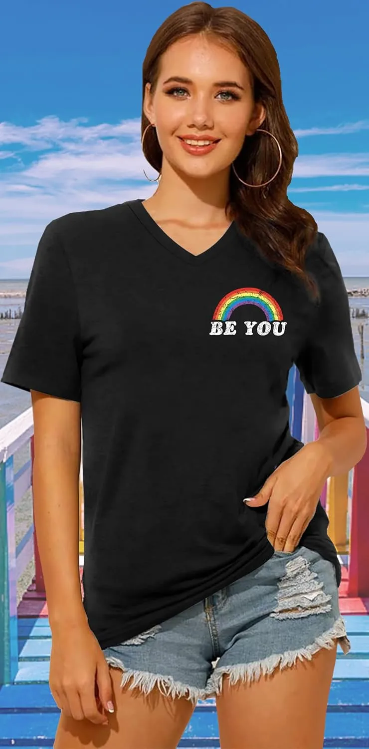 Pride Shirts for Women: Rainbow Graphic T-Shirts LGBT Equality Gay Pride Tees Casual V Neck Short Sleeve Tops
