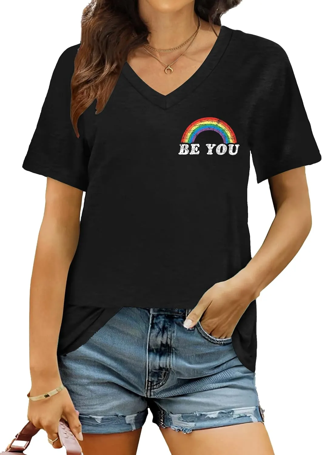 Pride Shirts for Women: Rainbow Graphic T-Shirts LGBT Equality Gay Pride Tees Casual V Neck Short Sleeve Tops