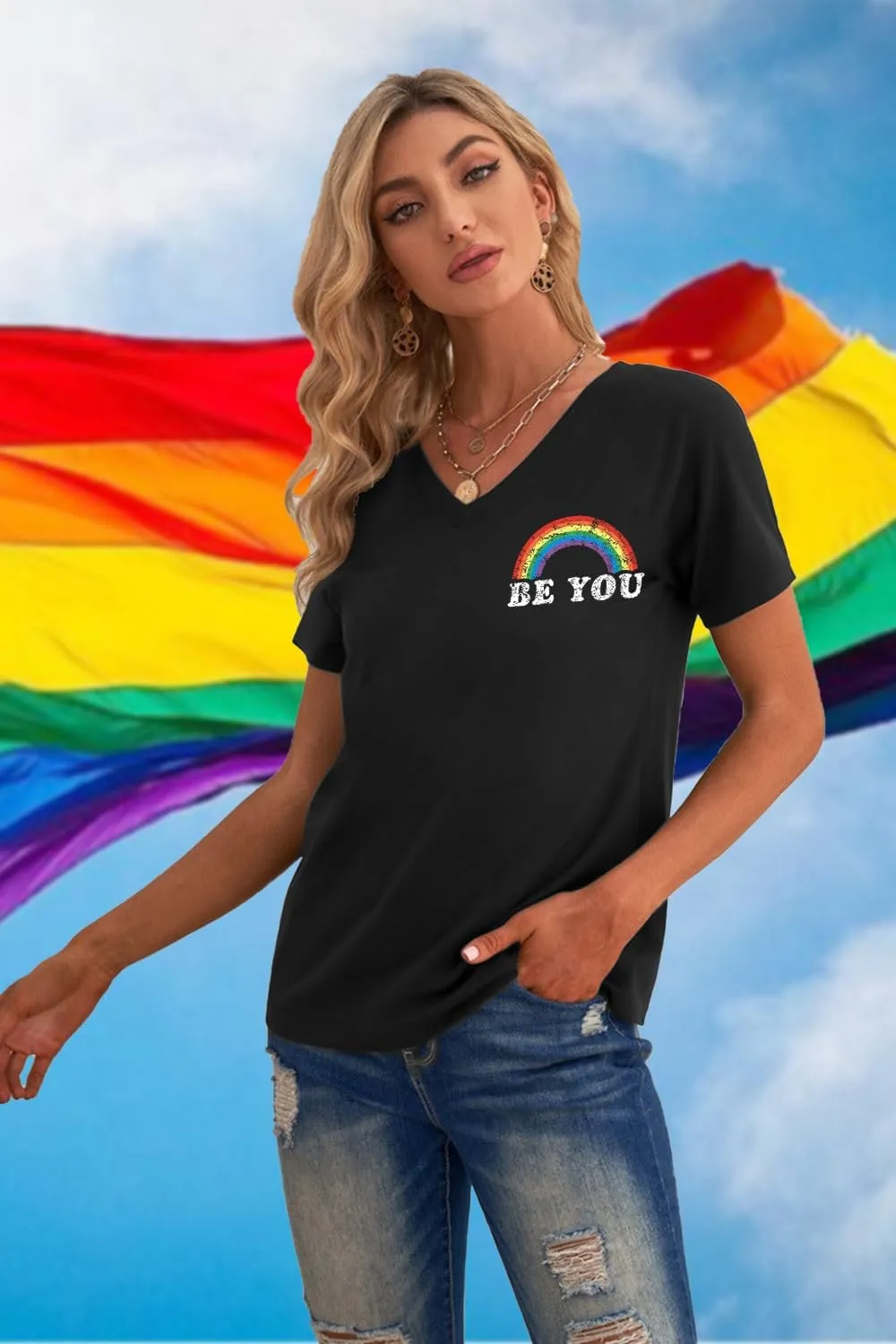 Pride Shirts for Women: Rainbow Graphic T-Shirts LGBT Equality Gay Pride Tees Casual V Neck Short Sleeve Tops