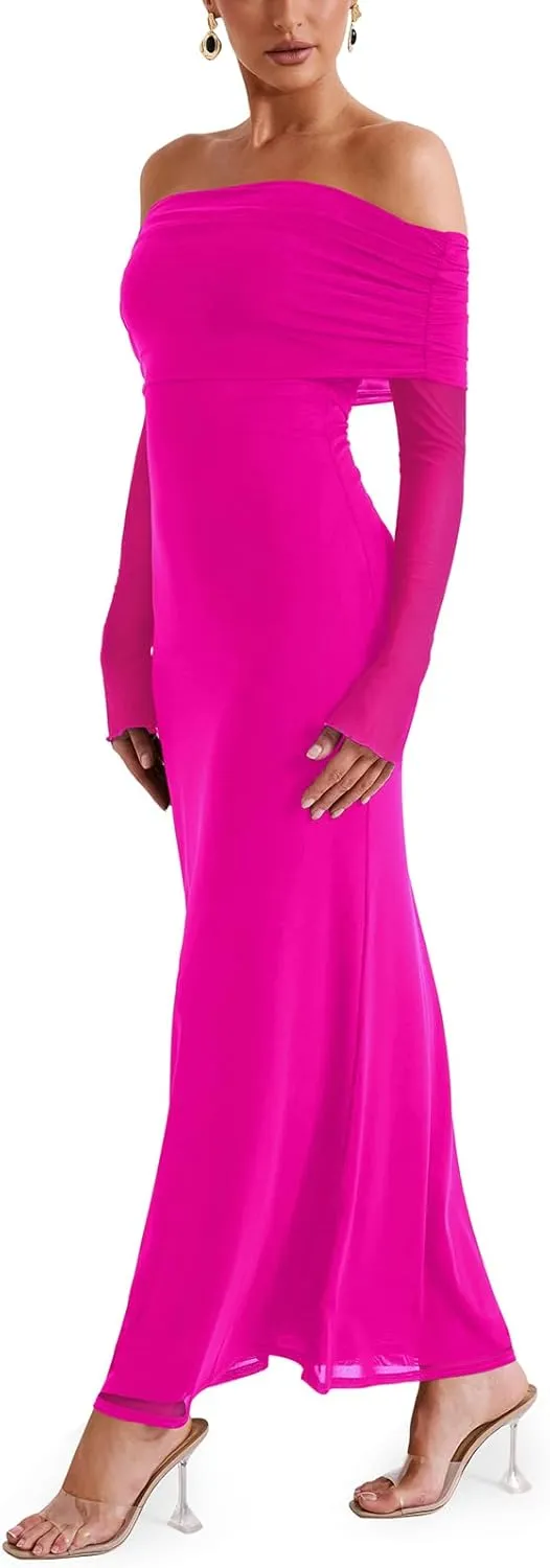 REORIA Women Off Shoulder Long Sleeve Dress Elegant Sexy Stretch Mesh Double Lined Slim Trendy Long Dresses