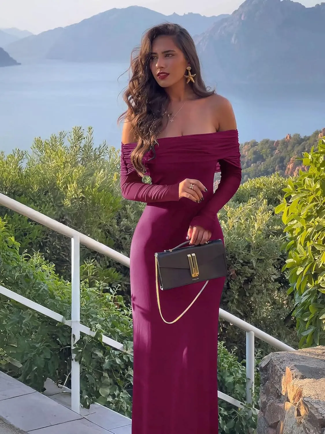 REORIA Women Off Shoulder Long Sleeve Dress Elegant Sexy Stretch Mesh Double Lined Slim Trendy Long Dresses
