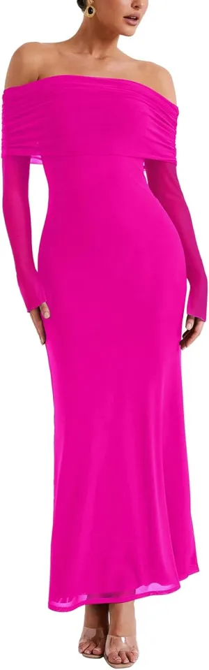 REORIA Women Off Shoulder Long Sleeve Dress Elegant Sexy Stretch Mesh Double Lined Slim Trendy Long Dresses