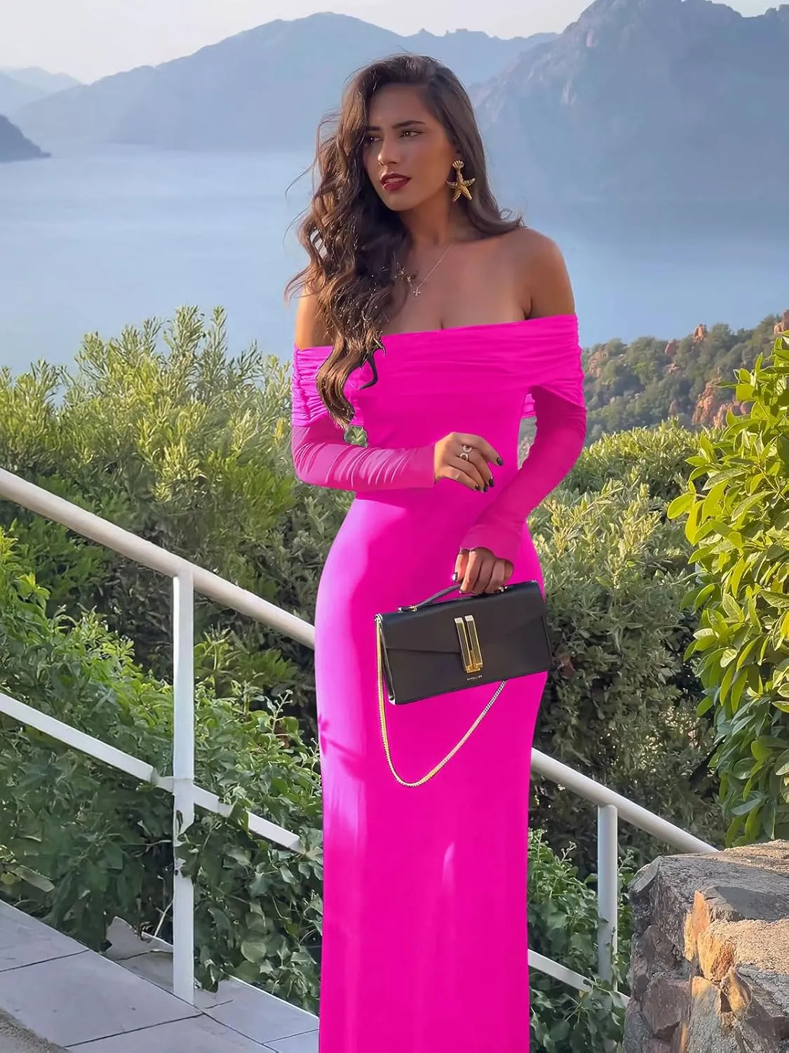 REORIA Women Off Shoulder Long Sleeve Dress Elegant Sexy Stretch Mesh Double Lined Slim Trendy Long Dresses