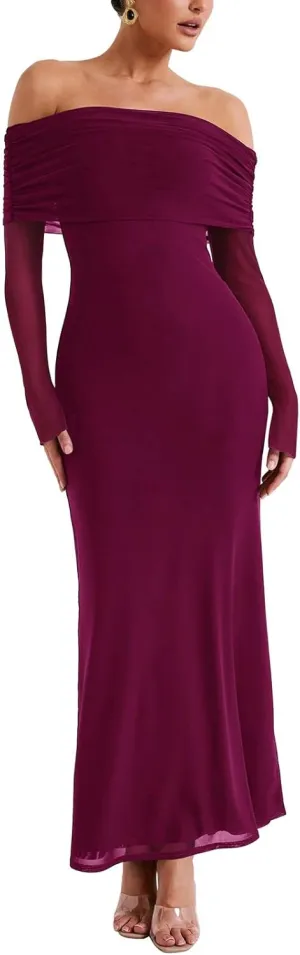 REORIA Women Off Shoulder Long Sleeve Dress Elegant Sexy Stretch Mesh Double Lined Slim Trendy Long Dresses