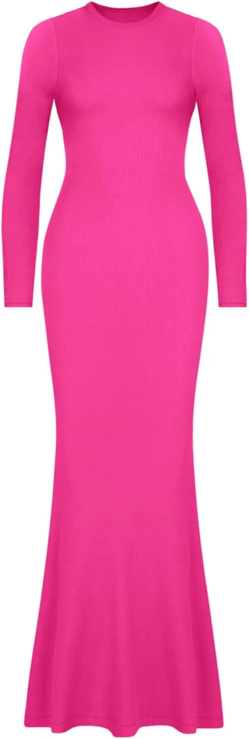 REORIA Women's Sexy Crew Neck Lounge Long Dress Elegant Long Sleeve Ribbed Bodycon Maxi Dresses