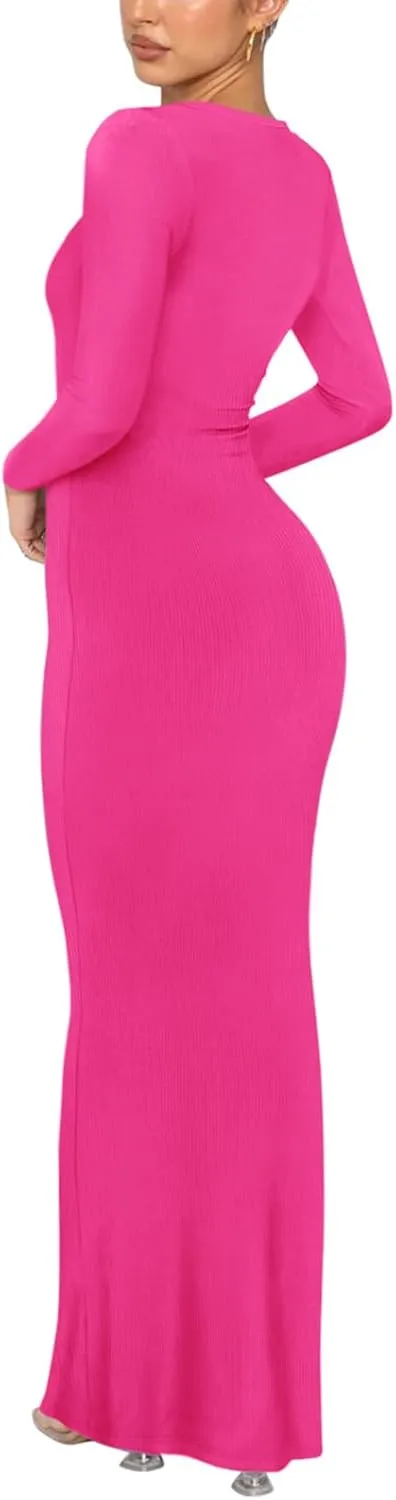 REORIA Women's Sexy Crew Neck Lounge Long Dress Elegant Long Sleeve Ribbed Bodycon Maxi Dresses