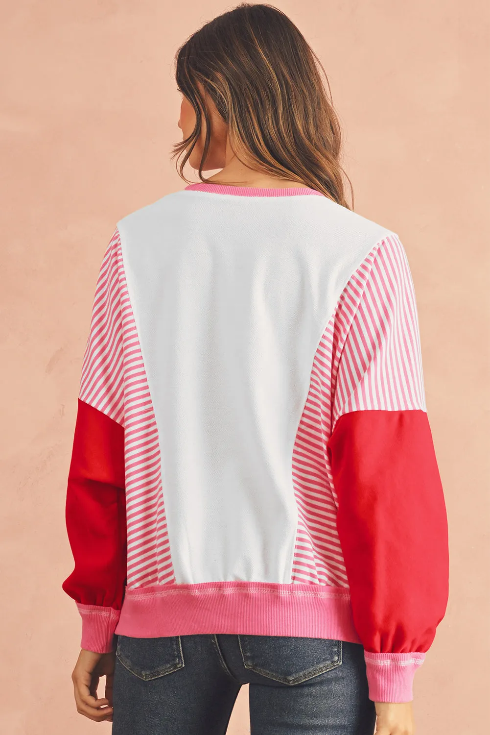 Rose Red Striped Patchwork Side Pocket Loose Sweatshirt