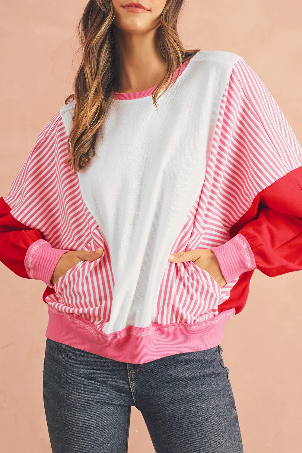 Rose Red Striped Patchwork Side Pocket Loose Sweatshirt