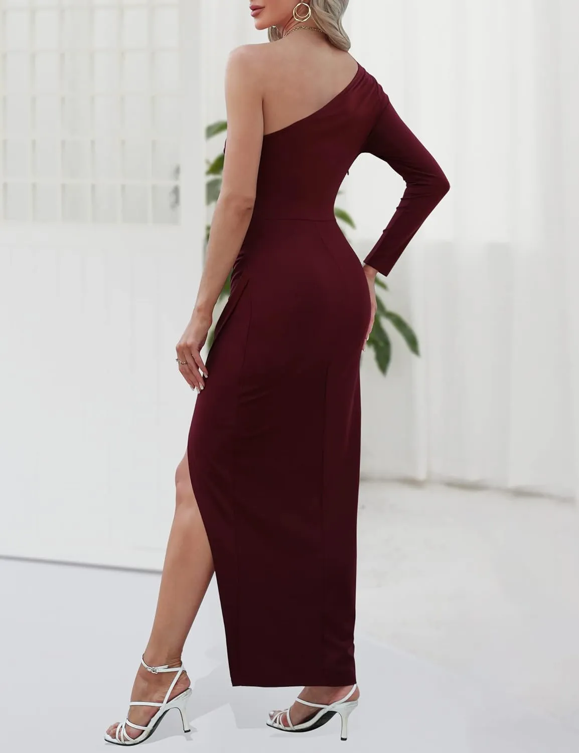 Sarin Mathews Womens One Shoulder Long Sleeve Cocktail Dresses Sexy Bodycon Ruched Wrap Split Party Formal Long Dress