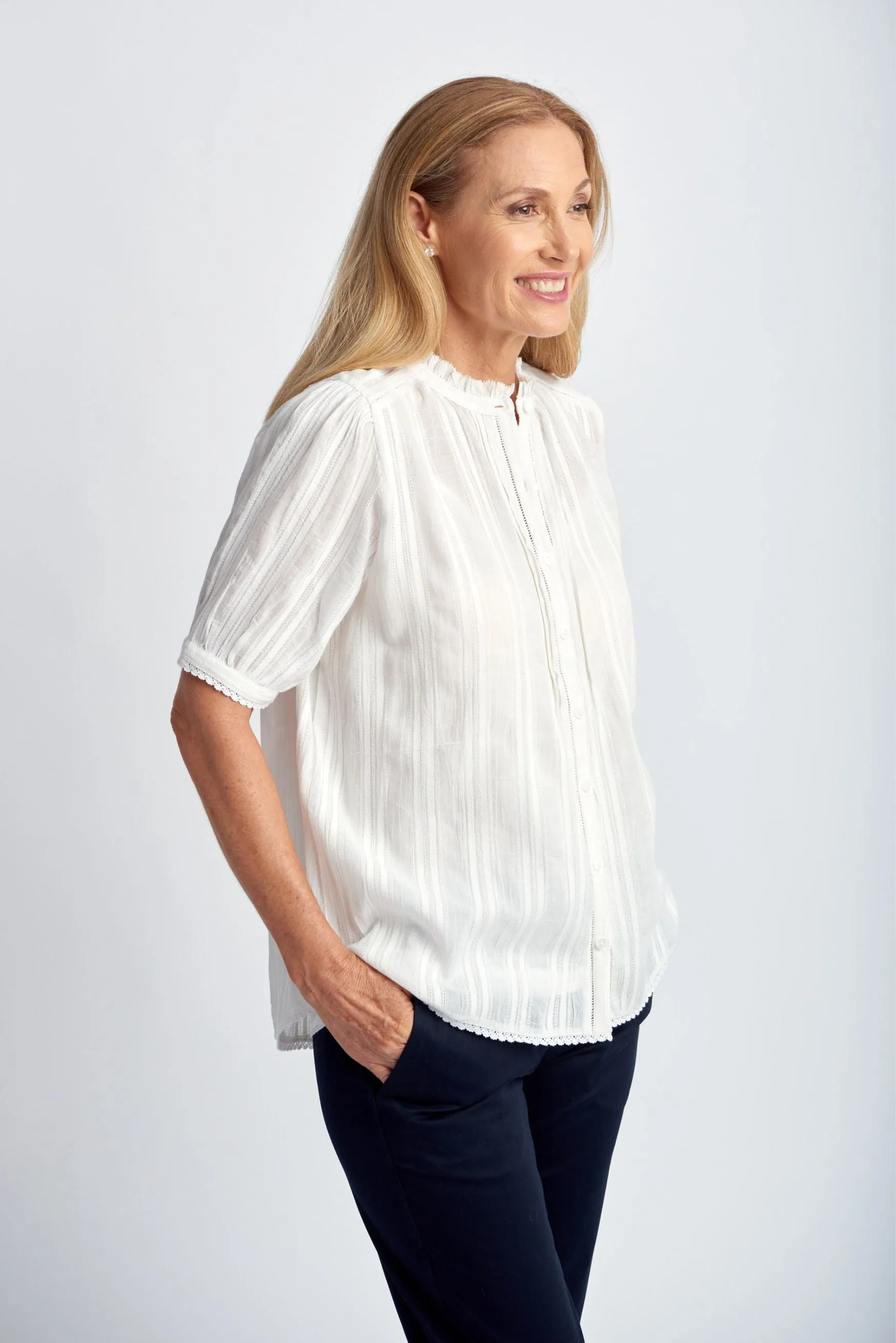 Short Sleeve Cotton Shirt With Lace Trim Cloud