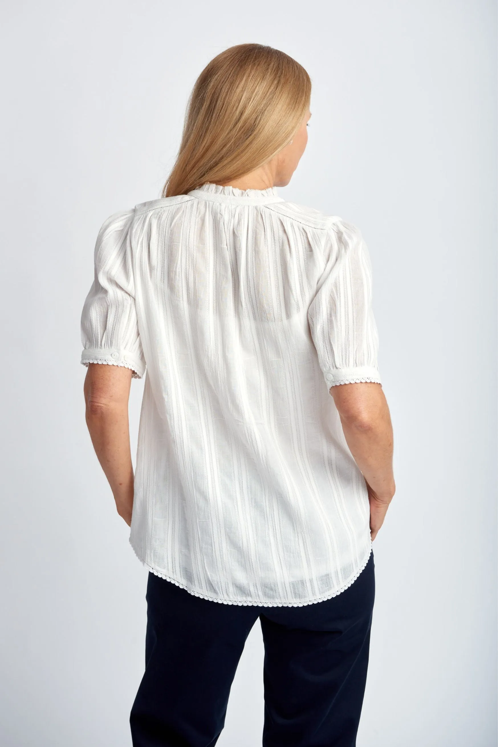 Short Sleeve Cotton Shirt With Lace Trim Cloud