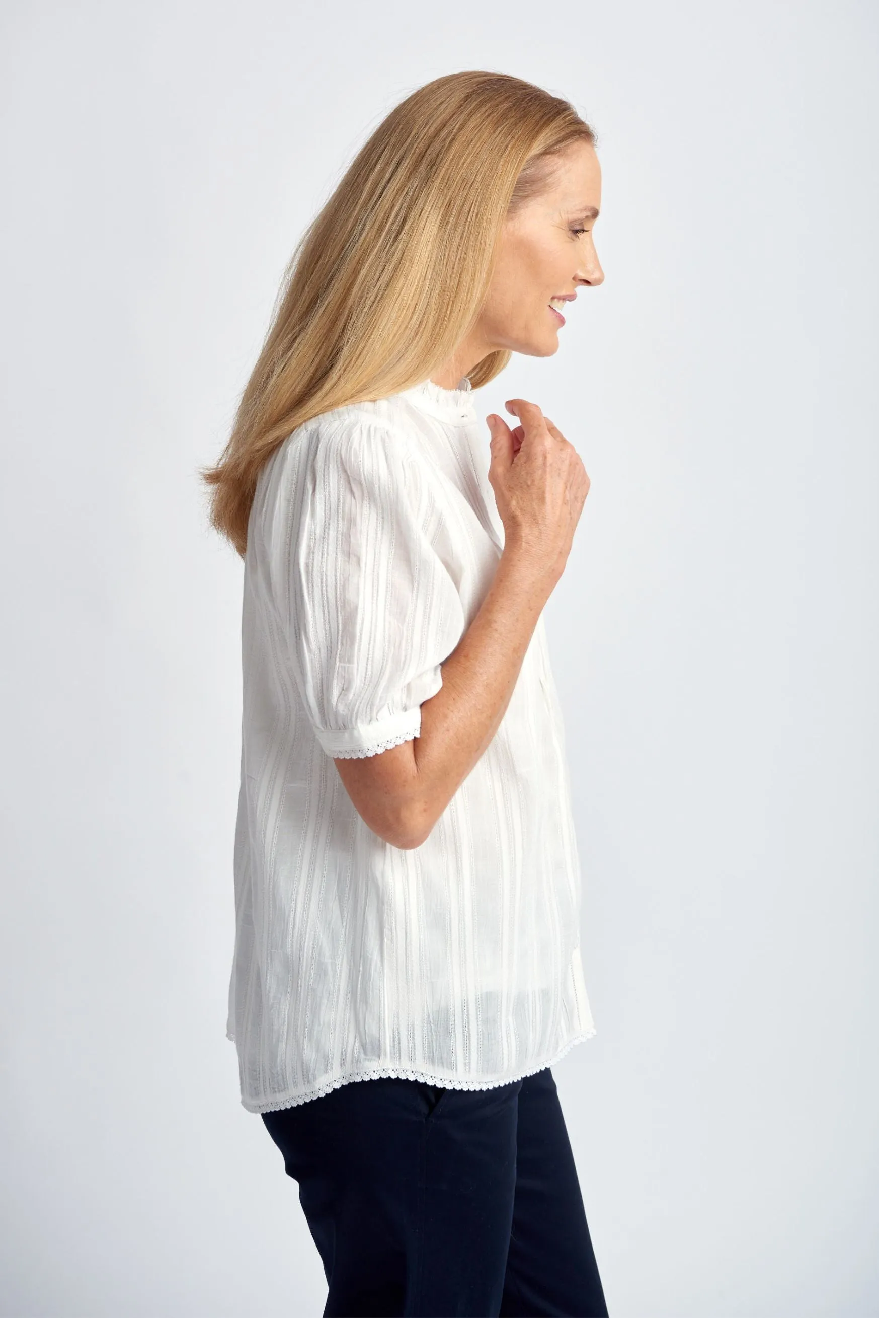 Short Sleeve Cotton Shirt With Lace Trim Cloud