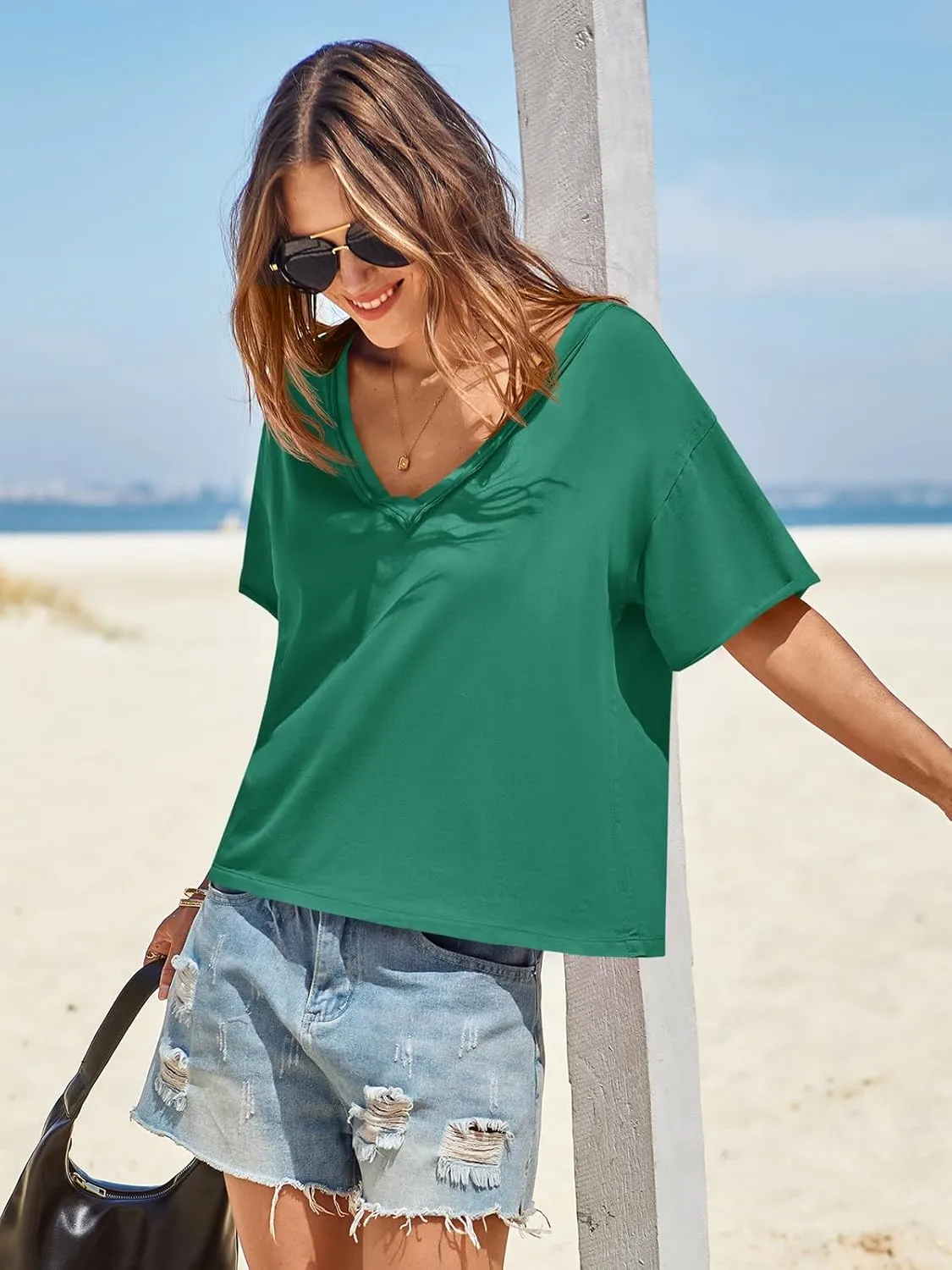 Tankaneo Womens Oversized Tshirts Deep V Neck Short Sleeve Tops Summer Casual Loose Fit Tunic Tee Shirt