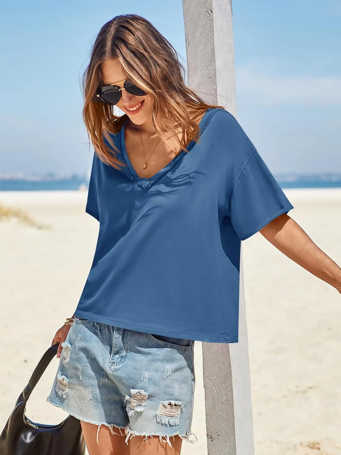 Tankaneo Womens Oversized Tshirts Deep V Neck Short Sleeve Tops Summer Casual Loose Fit Tunic Tee Shirt