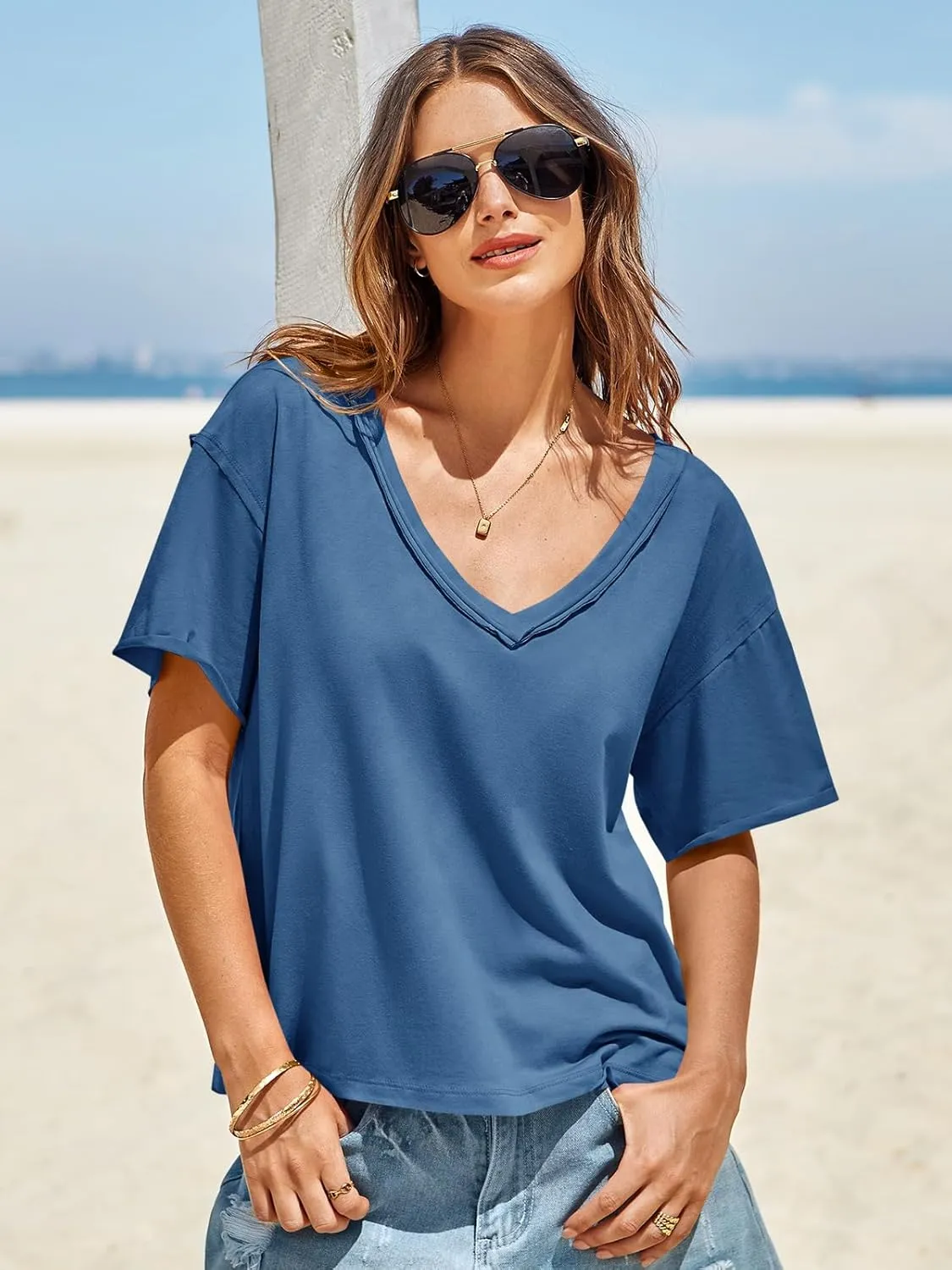Tankaneo Womens Oversized Tshirts Deep V Neck Short Sleeve Tops Summer Casual Loose Fit Tunic Tee Shirt