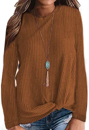 TODOLOR Women Long Sleeve T Shirts Casual Twist Knot Tops Loose Blouse Cute Tunic