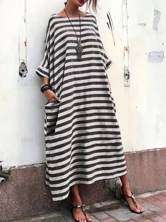 Uniwim Women Cotton Linen Striped Dress 2024 Summer Loose Big Size 4XL 5XL Maxi Dress robe femme Casual Long Boho Kaftan Muslim Dress
