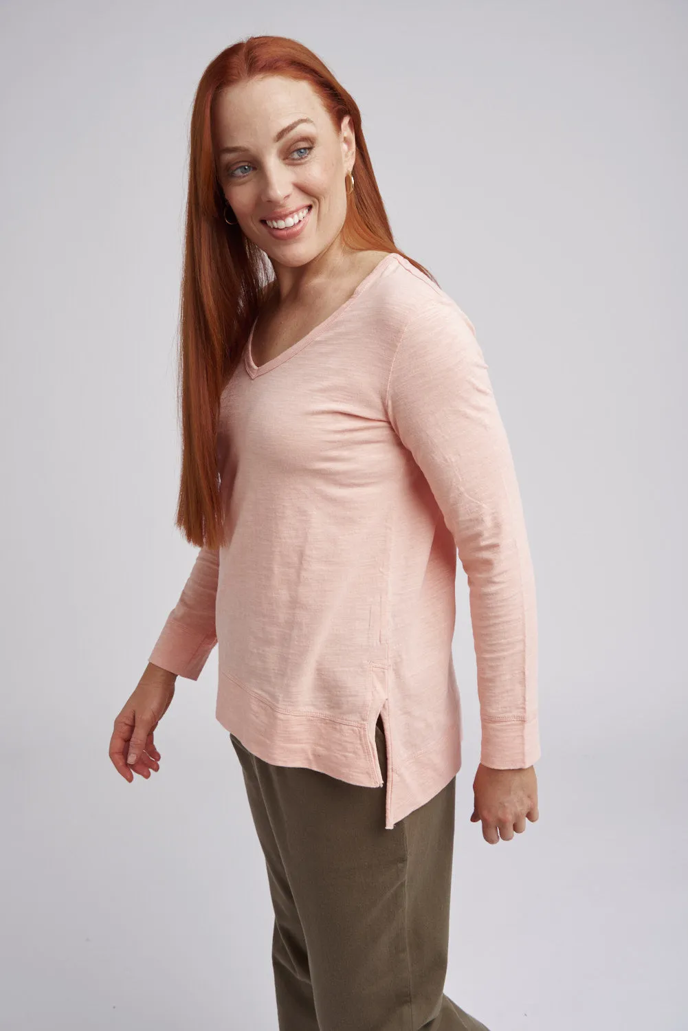 V Neck Hi Low Cotton Tee Coral