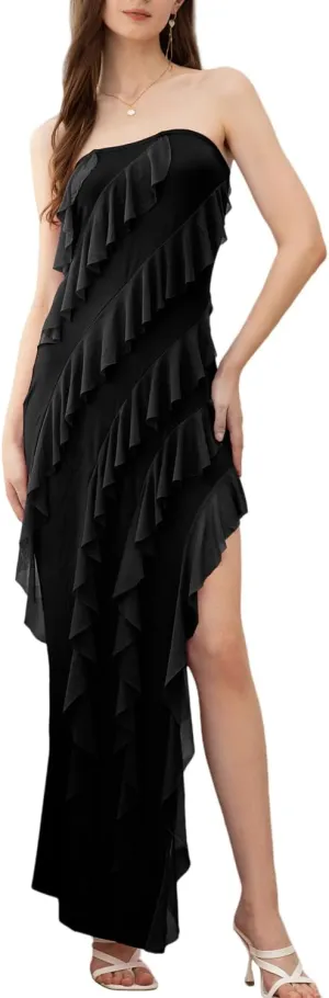 Velius Women Sexy Off Shoulder Strapless Mesh Tassel Ruffle Hem Split Maxi Party Dress