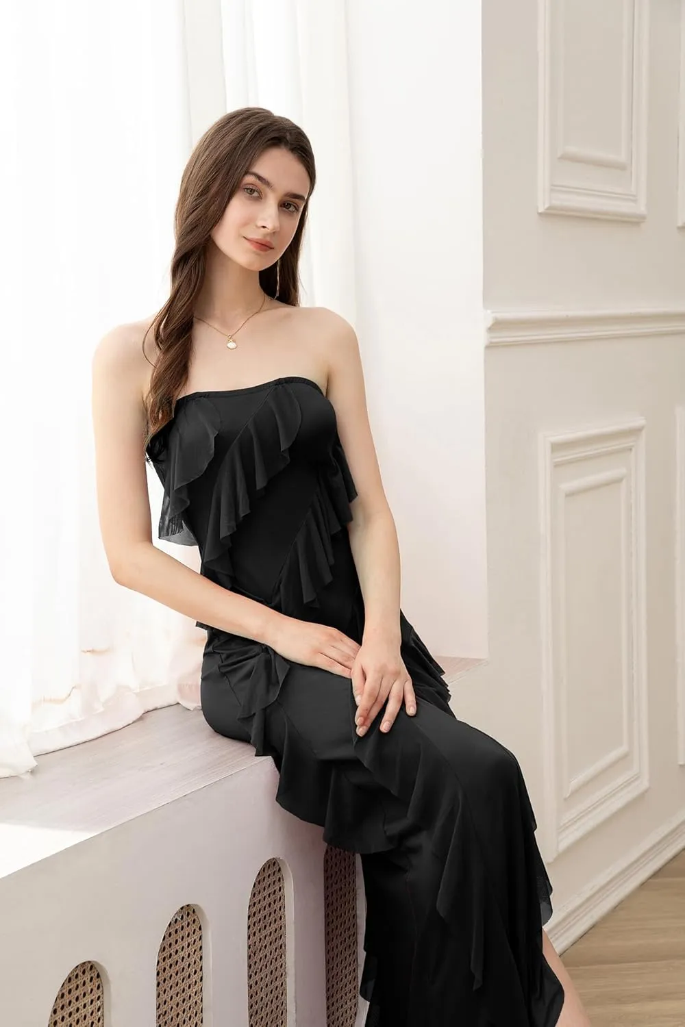 Velius Women Sexy Off Shoulder Strapless Mesh Tassel Ruffle Hem Split Maxi Party Dress