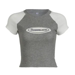 Vintage Letter Graphic Print Raglan Contrast Color round Neck Short Sleeve Sexy Slim Fit All Matching Slim Fit Slimming Casual T shirt