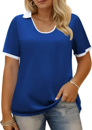 VISLILY Womens-Plus-Size-Summer-Tops Trendy Polo U Neck T Shirts Color Block Short Sleeve Lapel Collared Work Blouses Tunics
